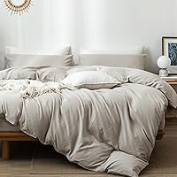 Bedding Duvet Cover Set 100% Washed Cotton Linen Like Textured Breathable Durable Soft Comfy (Cream Grey, King)