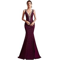 Women's Crystals Sparkly Plunging V Neck Mermaid Prom Evening Dress