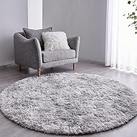 FJZFING Tie-Dyed Light Grey Round Rug Ultra-Soft Plush Modern 6x6 Circle Area Rug for Kid's Bedroom, Fluffy Shag Circular Rug for Nursery Room, Non-Slip Tie-Dyed Light Grey Rug for Teen's Room