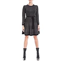 Max Studio Women's Long Sleeve Fit & Flare Sweater Dress, Black/Charcoal Box Herringbone, Large