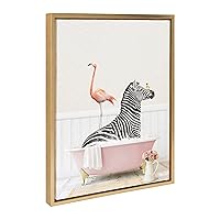 Kate and Laurel Sylvie Zebra and Flamingo in Cottage Rose Bath Framed Canvas Wall Art by Amy Peterson Art Studio, 18x24 Gold, Modern Fun Decorative Bathtub Wall Art for Home Décor
