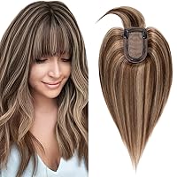 SEGO Hair Toppers for Women Real Human Hair with Thinning Hair, Toppers Hair Pieces Clip in Toppers Straight Hair Pieces with Bangs 150% Density Silk Base -14 Inch #4/27 Medium Brown Mix Dark Blonde