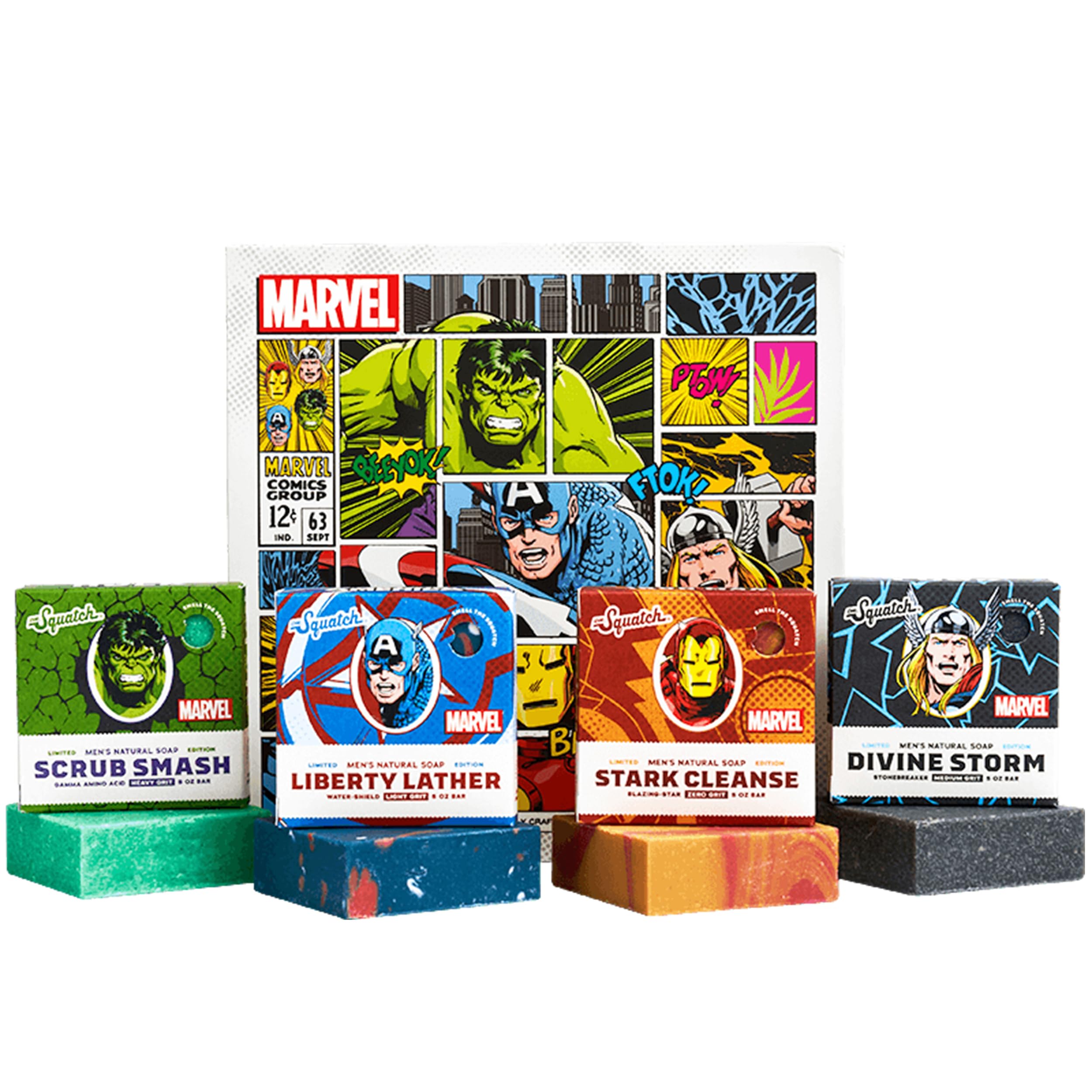 Dr. Squatch Soap Avengers Collection with Collector’s Box - Men’s Natural Bar Soap - 4 Bar Soap Bundle and Collector’s Box - Soap inspired by the Incredible Hulk, Iron Man, Thor, Captain America