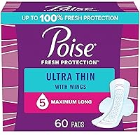 Poise Ultra Thin Incontinence Pads with Wings & Postpartum Incontinence Pads, 5 Drop Maximum Absorbency, Long Length, 60 Count (3 Packs of 20), Packaging May Vary
