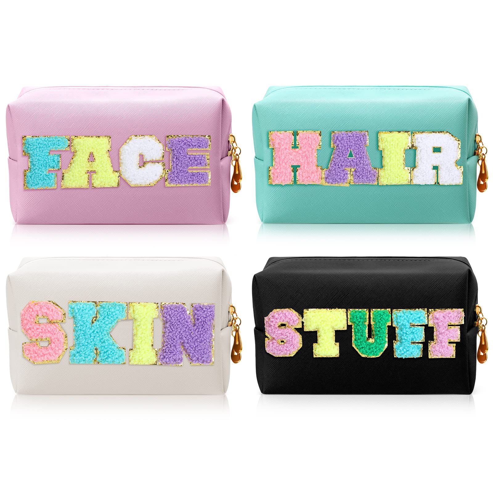 4 Pieces Preppy Patch Small Cosmetic Bag Preppy Makeup Bag PU Leather Portable Waterproof Makeup Organizer Bag Preppy Pouch Makeup Accessories (Face)