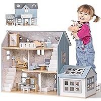 ROBUD Wooden Dollhouse, Farm Dollhouse with 25Pcs Furniture, 5 Rooms, A Stable, Modern Vintage Doll House for 4-6 inches Dolls, Ideal Gift for Kids Ages 3+ (Haze Blue)