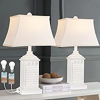 Table Lamps for Living Room Set of 2, Coastal White Bedside Lamps for Bedroom with USB Ports and AC Outlet Modern Resin 3-Color Temperature Nightstand Lamp for End Table (Bulbs Included)