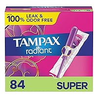 Radiant Tampons with LeakGuard Braid, Super, Unscented, 84 Count, Pink,Purple,Blue