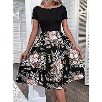 Fall Dresses for Women 2023 Floral Print Flare Hem Dress Dresses for Women (Color : Black, Size : Medium)