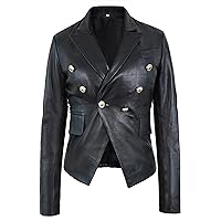 LP-FACON Women's Fashion Kim Black Double Breasted Elegant Genuine Leather Dress Blazer Jacket