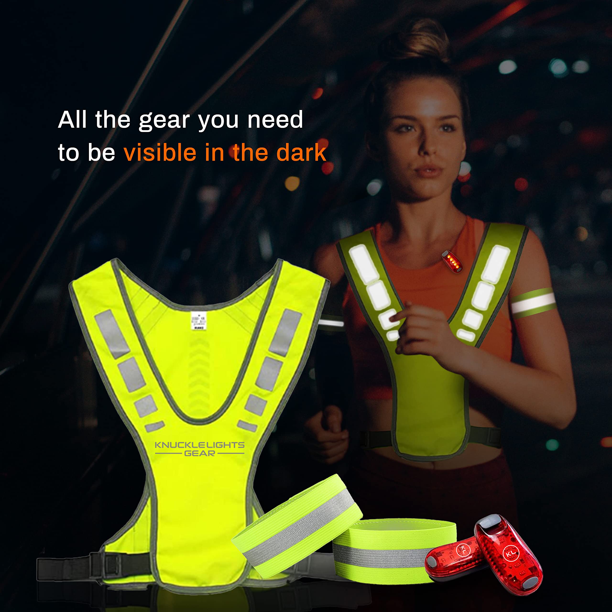 Knuckle Lights Reflective Running Gear Safety Bundle - Reflective Vest, LED Safety Light, Reflective Bands, Night Safety Gear for Runners, Cycling, Hiking, Walking - High Visibility Reflective Gear