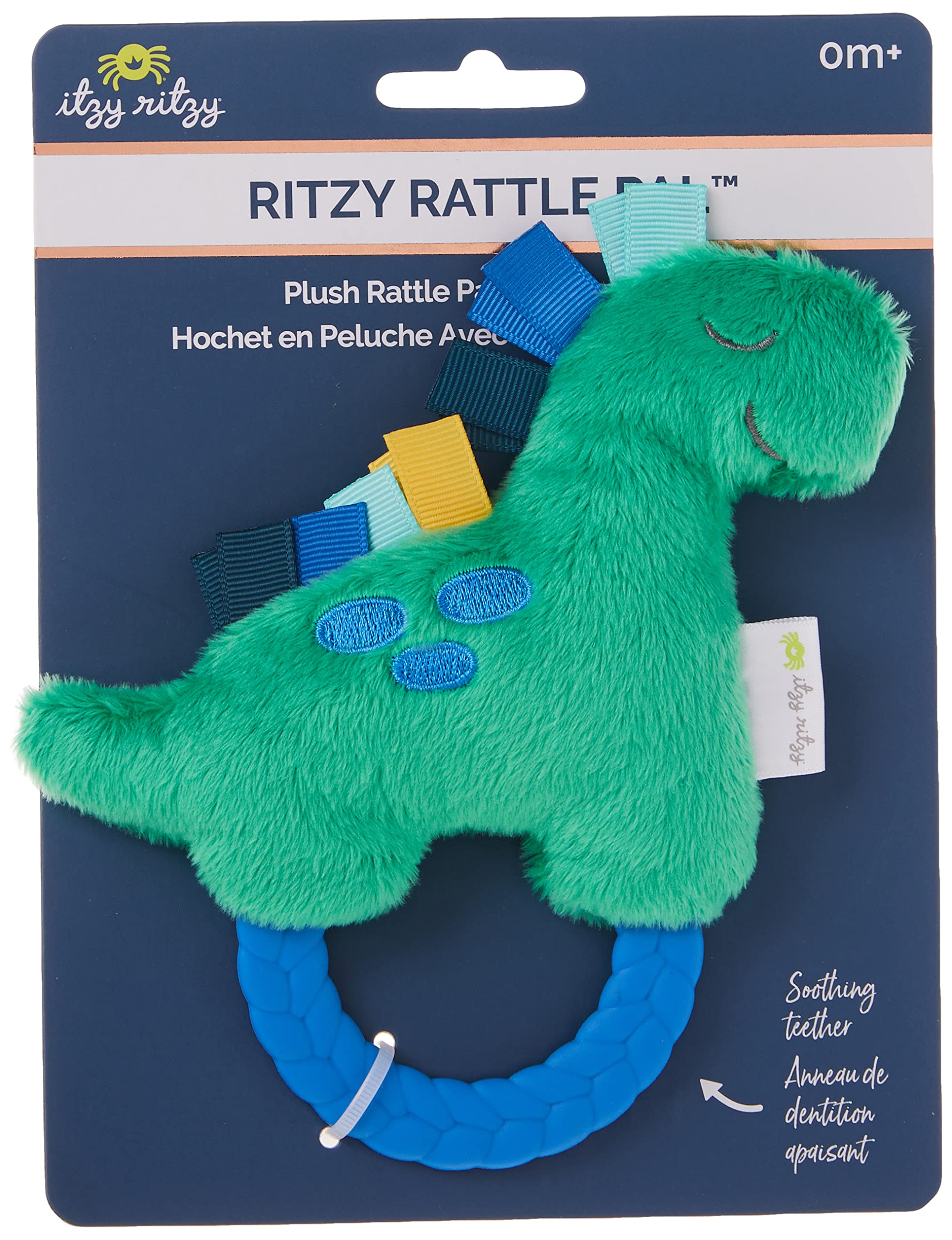 Itzy Ritzy - Ritzy Rattle Pal with Teether; Features A Minky Plush Character, Gentle Rattle Sound & Soft Teether; Dinosaur