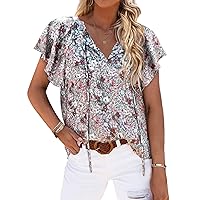 Chigant Womens Summer Floral Print Shirts Causal Short Sleeve Ruffle Boho V Neck Tie Blouses Top