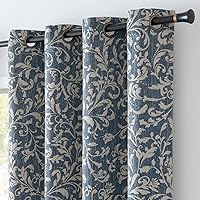 jinchan 80% Blackout Curtains for Living Room, Farmhouse Drapes with Scroll Floral Patterned for Bedroom, Grommet Top Thermal Insulated Curtains, Vintage Country Curtain 96 inch Length 2 Panels Blue