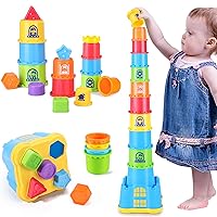 iPlay, iLearn Baby Stacking Toys, Toddler Nesting Stack Cups, Infant Stackable Block, Kids Sorting Game W/Shape Sorter for Sand Bath, Birthday Gift for 12 18 24 Month 1 2 3 Year Old Boys Girls