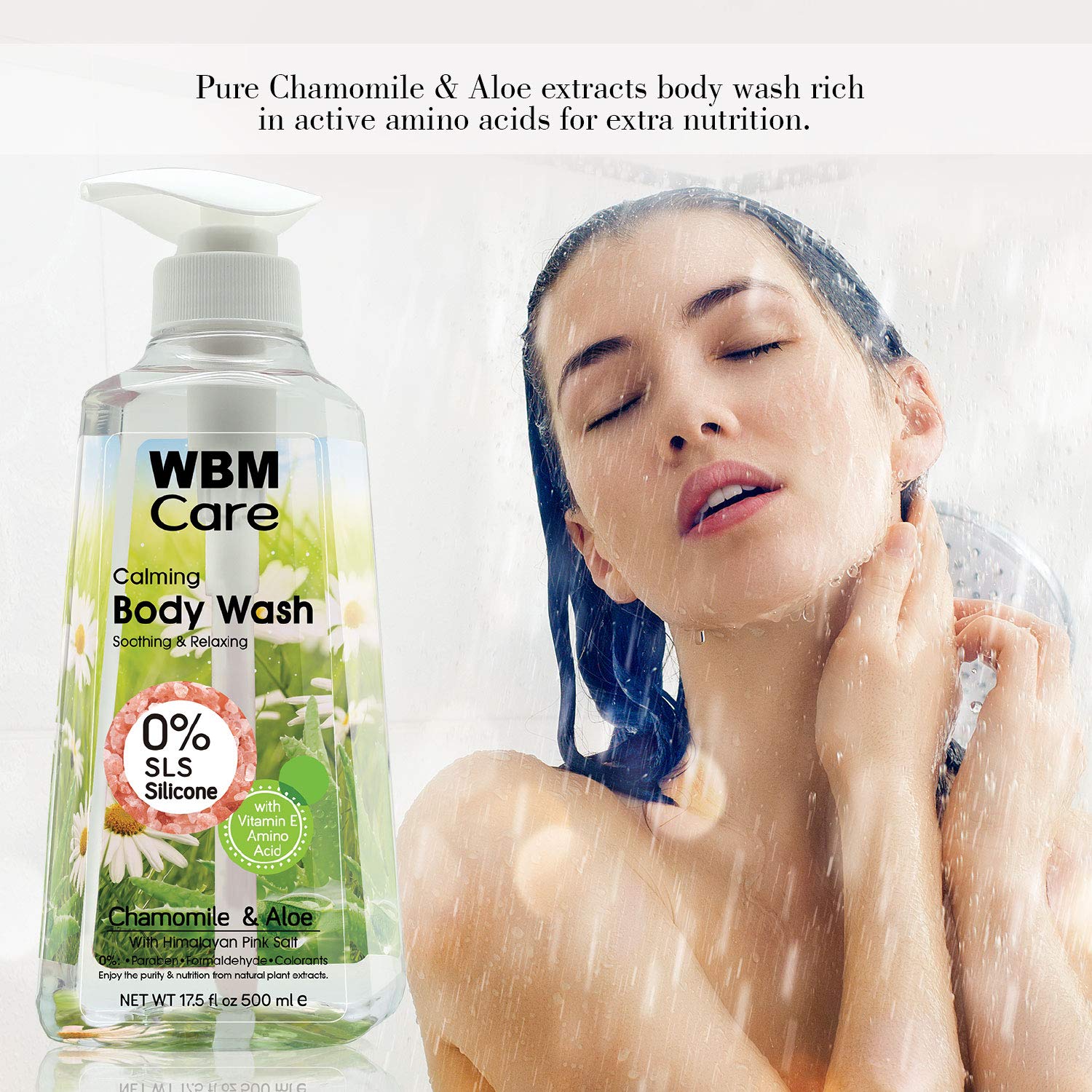 WBM Care Natural Body Wash, Rich in Chamomile & Aloe with Himalayan Pink Salt, Calming & Relaxing, Liquid Shower Gel, 17.5 Oz