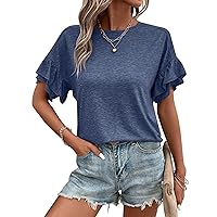 EADINVE Womens T Shirts Pleated Loose Fit Crew Neck Ruffle Sleeve Tee Tunic Summer Short Sleeve Casual Tops