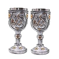 Set of 2 Mythical Silver Royal Dragon Wine Goblet Skulls Steampunk with Gears Collectible Halloween Party Home Decor Gift