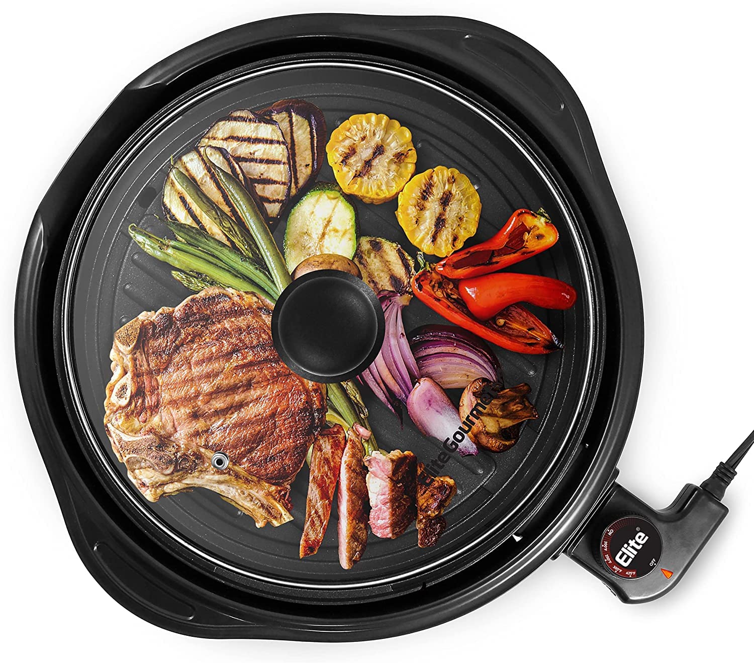 Elite Gourmet EMG1100 Electric Indoor Nonstick Grill, Dishwasher Safe, Cool Touch, Fast Heat Up Ideal Low-Fat Meals, Includes Tempered Glass Lid, 11