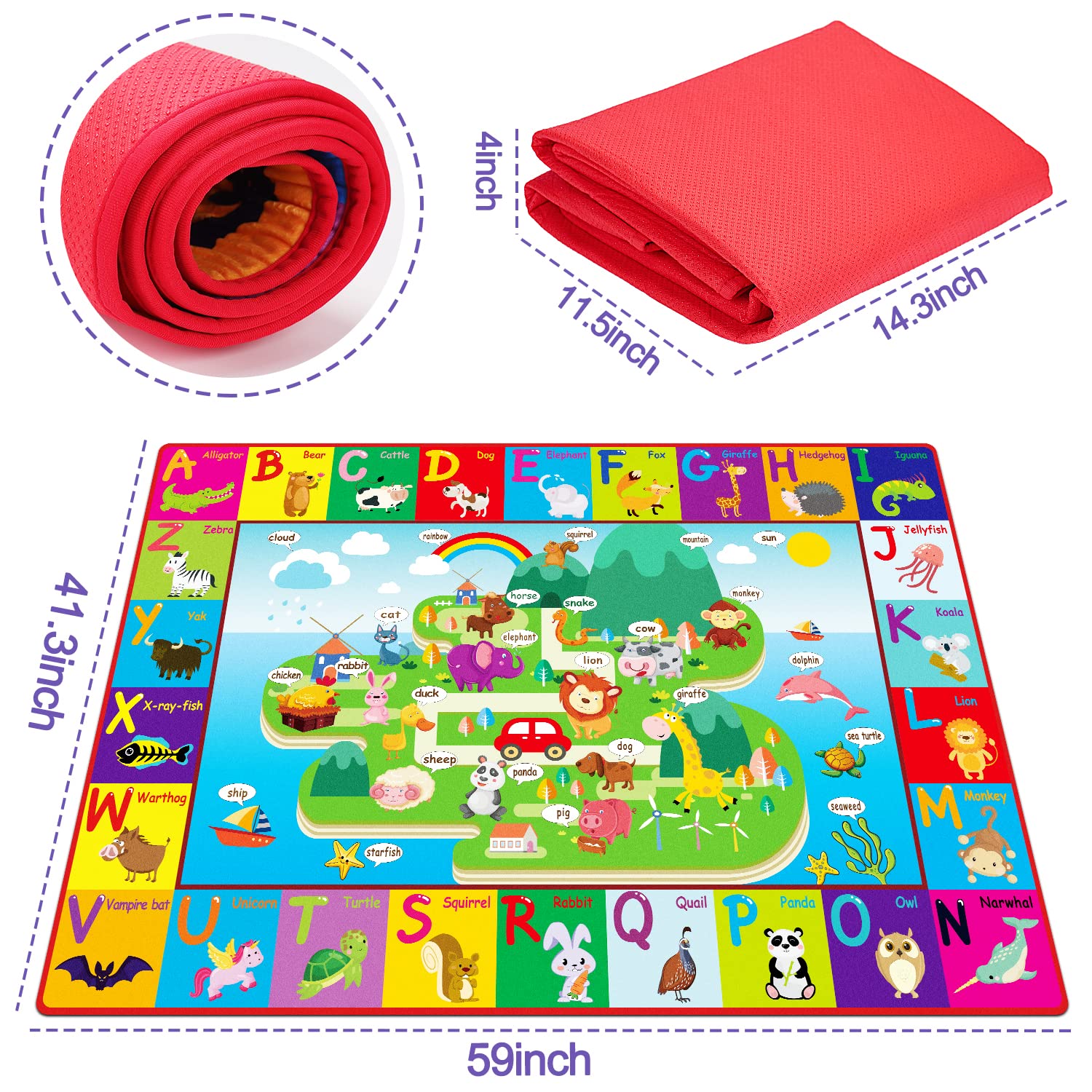 Baby Cotton Play Mat for Floor ABC Rug Playmat for Babies and Toddlers Foldable Non-Slip Crawling Mat 6-12 Months Padded Tummy Time Mat Infant Toys 0-6 Month Animal Gym Mat Easter Gift for Babies