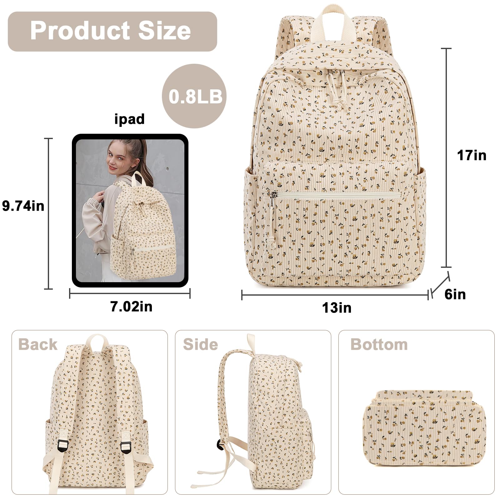 School Backpack for Teens Large Corduroy Bookbag Lightweight 17 inch Laptop Bag for Girls Boys Casual High School College