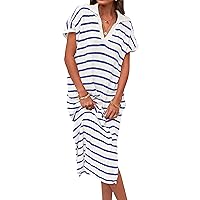 ZESICA Women's Summer Striped Maxi Dress 2024 Casual Short Sleeve V Neck Loose Knitted Side Slit Long Sweater Dresses