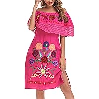 Women's 2024 Embroidered Summer Dress Lace Casual Ruffle Off-Shoulder Sleeveless Dress Boho Flowy Dress
