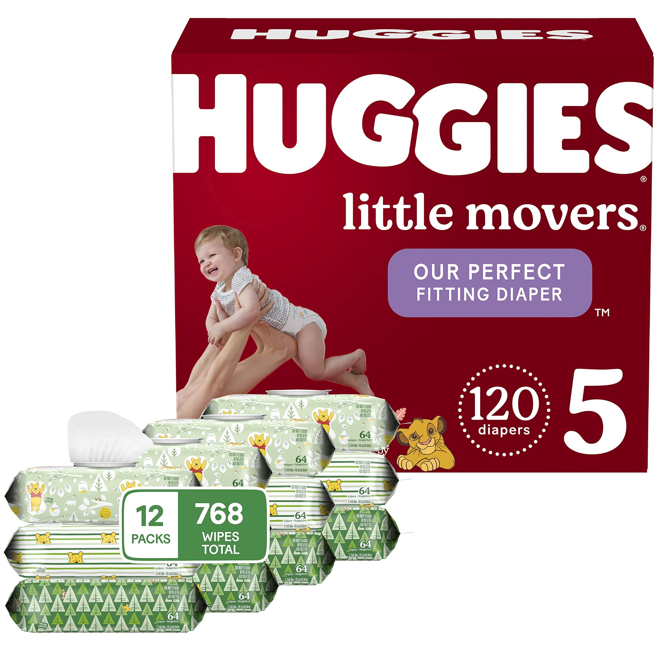 Baby Diapers and Wipes Bundle: Huggies Little Movers Size 5, 120ct & Natural Care Sensitive Baby Diaper Wipes, Unscented, 12 Flip-Top Packs (768 Wipes Total) (Packaging May Vary)