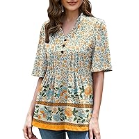 HOCOSIT Women's Floral Print Short Ruffle Sleeve Pleated Front V Neck Button Tunic Tops