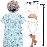 Girls Old Lady Costume Kit with Nightgown Wig Cane & Other Halloween Cosplay Accessories