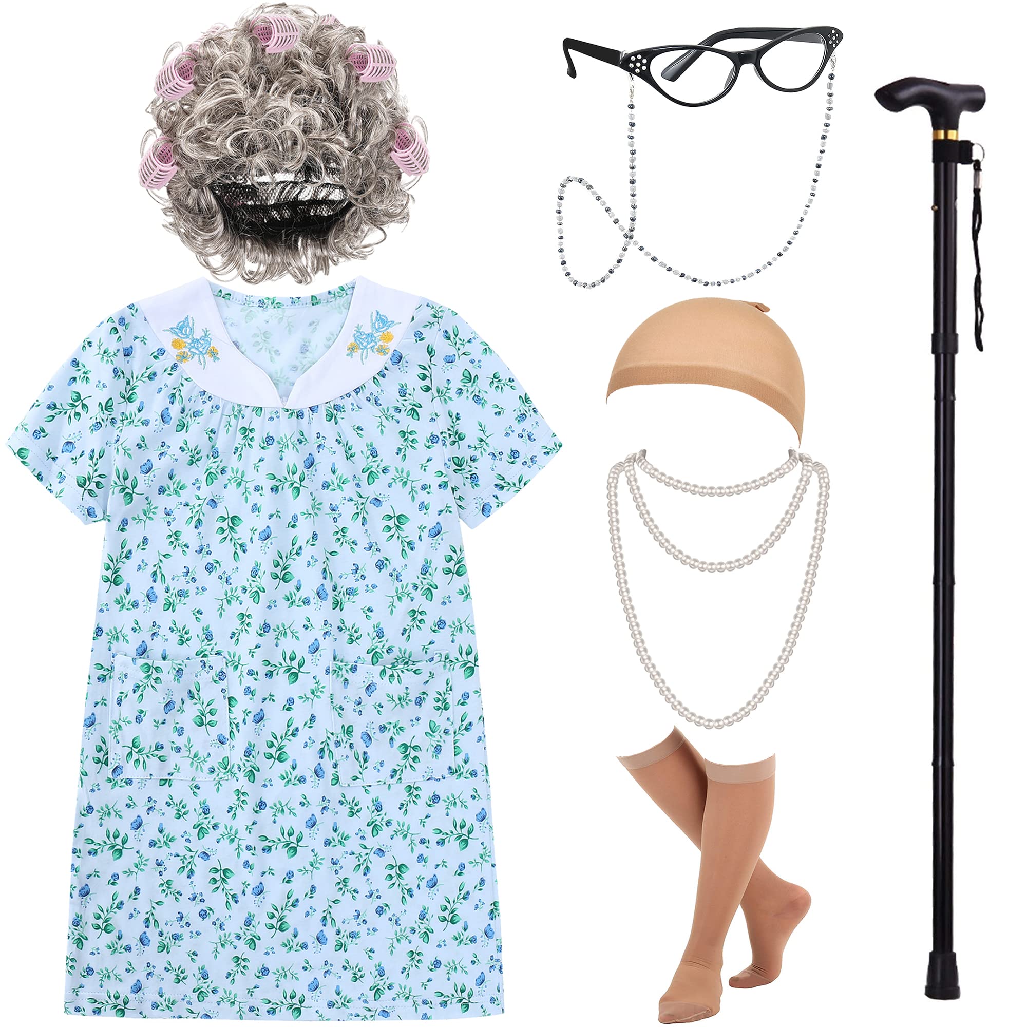 EBYTOP Girls Old Lady Costume Kit with Nightgown Wig Cane & Other Halloween Cosplay Accessories