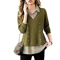 LAI MENG FIVE CATS Women's Casual Collared Knit 2 in 1 Pullover Shirt Long Sleeve Blouse Top