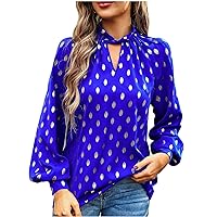 Women's Long Lantern Sleeve Shirts Cutout Keyhole Neck Solid Casual Blouses Fashion Polka Dots Dressy Tunic Tops