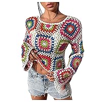 SHENHE Women's Crochet Sweater Hollow Out Sheer Bell Sleeve Boho Crop Top Loose Sweaters
