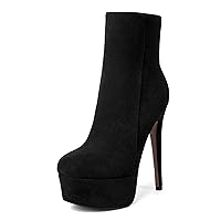 Women's Zip Sexy Platform Suede Round Toe Party Solid Stiletto High Heel Ankle High Boots 6 Inch