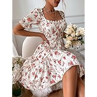 Fall Dresses for Women 2023 Allover Floral Square Neck Flounce Sleeve Dress Dresses for Women (Color : Multicolor, Size : Large)