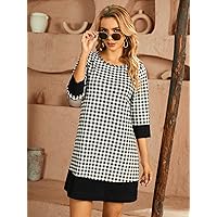 Women's Dress Gingham Print Contrast Panel Dress Summer Dress (Color : Black and White, Size : Small)