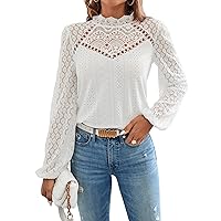 Gorglitter Women's Elegant Blouses, Stand-Up Collar Top, Shirt Blouse, Long Sleeve Lace Tunic Blouse with Lantern Sleeves