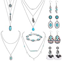 CASSIECA 8-13 PCS Turquoise Jewelry for Women Boho Indian Jewellery Set for Women Bohemian Vintage Jewellery Layered Western Turquoise Pendant Necklaces Dangle Feather Earrings Cuffs Bracelet