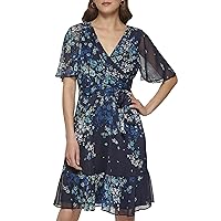 DKNY Women's Fit and Flare V Neck Cape Sleeve Dress