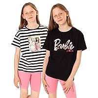 Barbie T-Shirt 2 Pack Girls Kids Doll Logo Striped Black & White Top