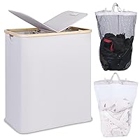 efluky Double Laundry Hamper with Lid, Divided Laundry Hamper with Removable Bags, 2 Section Dirty Clothes Basket with Handles for Bathroom, Bedroom & Laundry Room, 140L Light Grey