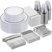 350 Piece Silver Dinnerware Set for 50 Guests, disposable Plastic Plates for Party, Include: 50 Dinner Plates, 50 Dessert Plates, 50 Paper Napkins, 50 Cups, 50 Silverware set
