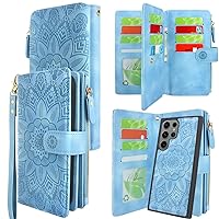 Harryshell Detachable Magnetic Zipper Wallet Leather Case with Cash Coin Pocket 12 Card Slots Holder Wrist Strap Lanyard for Samsung Galaxy S23 Ultra 5G (2023) (Flower Sky Blue)
