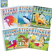 6 Pcs Paint by Sticker Books Sticker Art Books for Kids Ages, Sticker Paint Books by Number Activity Book Kids Puzzle Stickers Book Craft Toddlers Gift with Dinosaur Unicorn Forest Animals 48 Pictures