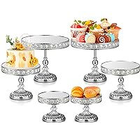 Nuanchu 6 Pcs Wedding Metal Cake Stand Set with Crystal Beaded Mirror Top Cake Display Stand Cupcake Display Plate Crystal Dessert Cheese Stand Cake Holder (Silver)
