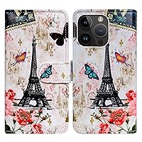Bcov iPhone 15 Pro Case,Paris Tower Butterfly Leather Flip Phone Case Wallet Cover with Card Slot Holder Kickstand for iPhone 15 Pro