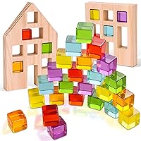 Wooden Building Blocks Set for Kids, 24 PCS Rainbow Gem Cubes Stacking Blocks - 2 Wood House, Montessori Stacking Toys for Toddlers, Educational Preschool Learning STEM Christmas Toys for Boy Girl 3-6