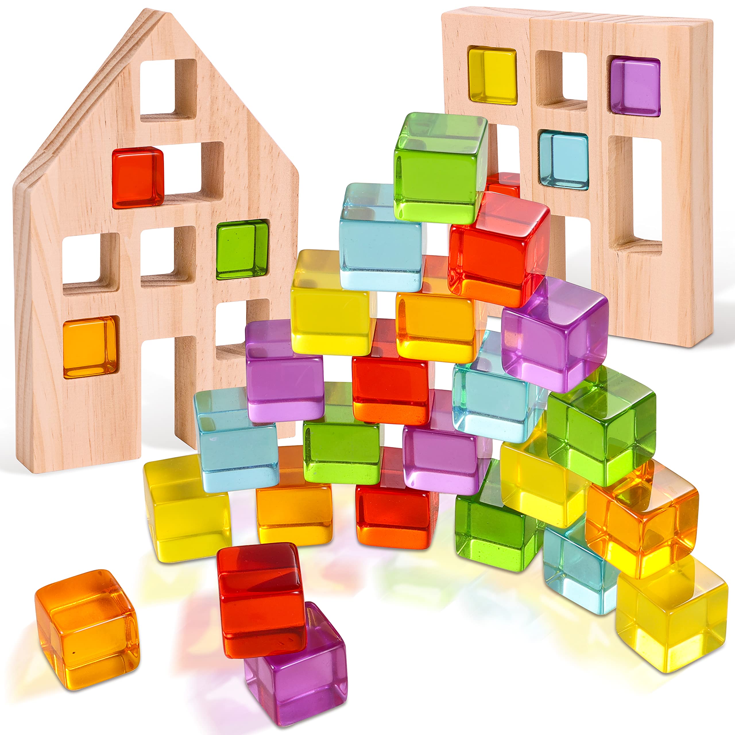 Woodtoe Wooden Building Blocks Set for Kids, 24 PCS Rainbow Gem Cubes Stacking Blocks - 2 Wood House, Montessori Stacking Toy for Toddlers, Educational Preschool STEM Birthday Gift for Boys Girls 3-6
