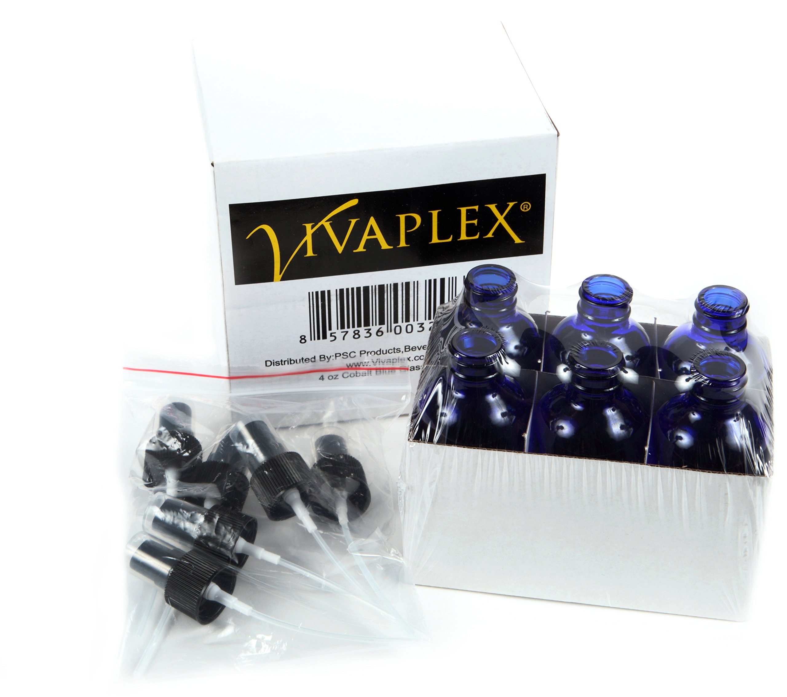 Vivaplex 6 pieces, Cobalt Blue, 4 oz Glass Bottles, with Black Fine Mist Sprayer